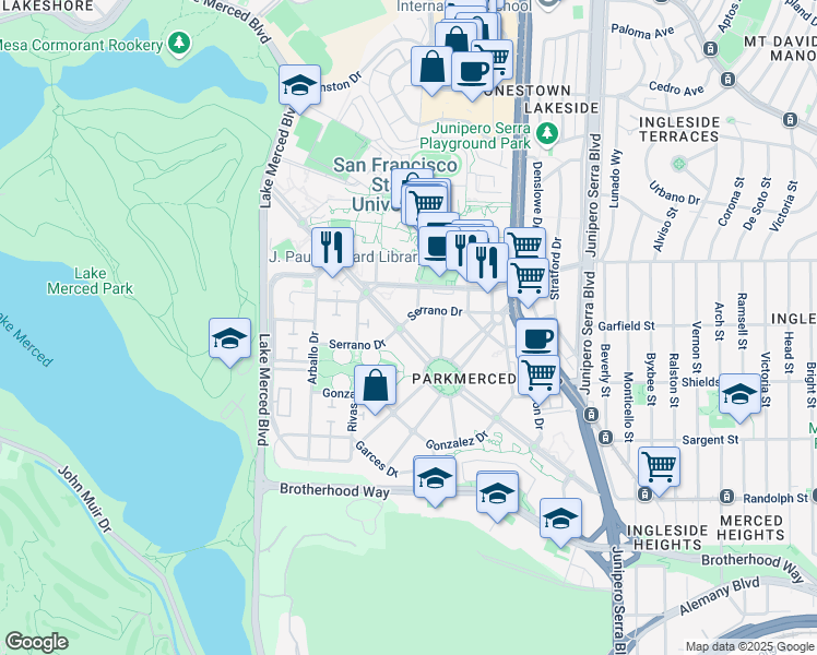 map of restaurants, bars, coffee shops, grocery stores, and more near 429 Font Boulevard in San Francisco