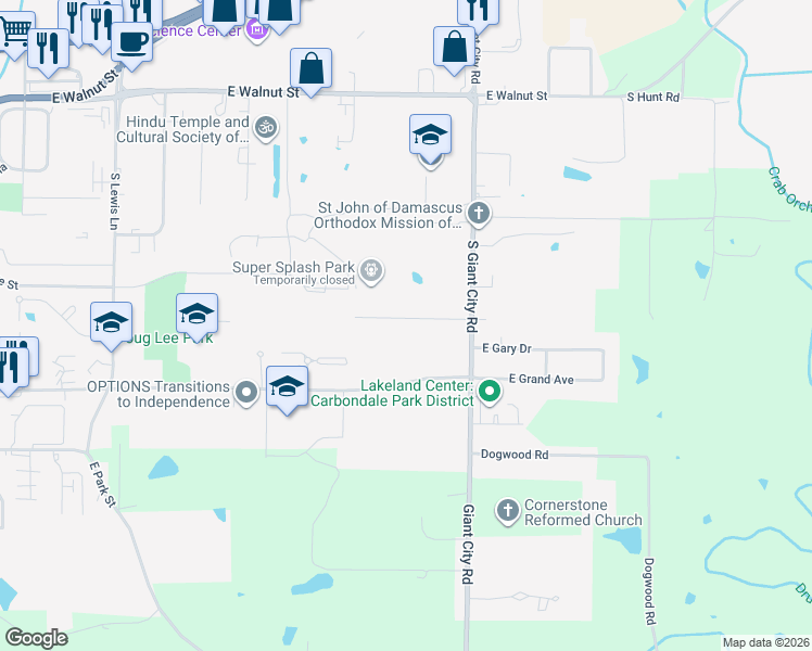 map of restaurants, bars, coffee shops, grocery stores, and more near 1311 East Meadowbrook Lane in Carbondale