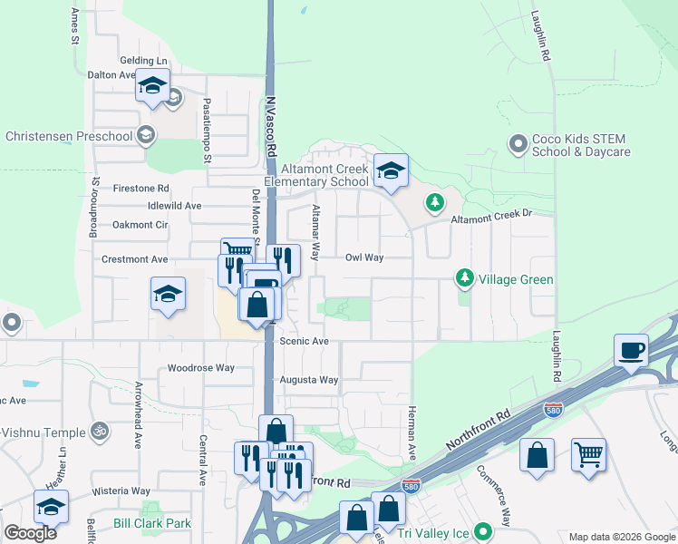 map of restaurants, bars, coffee shops, grocery stores, and more near 6312 El Capitan Court in Livermore