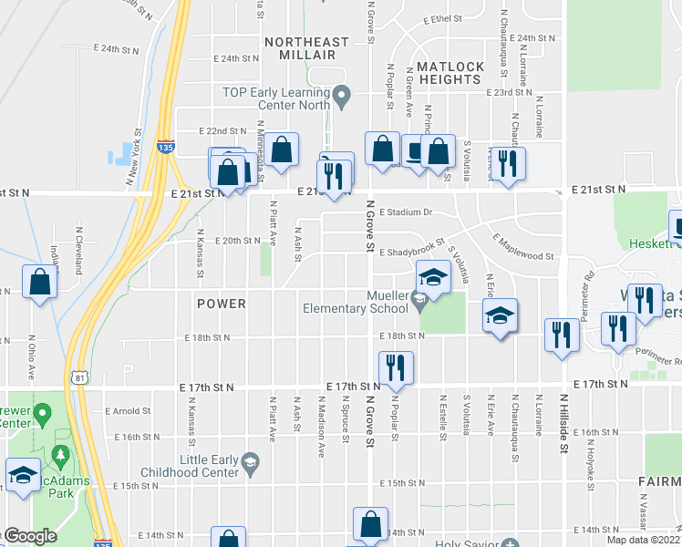 map of restaurants, bars, coffee shops, grocery stores, and more near 2017 North Spruce Street in Wichita