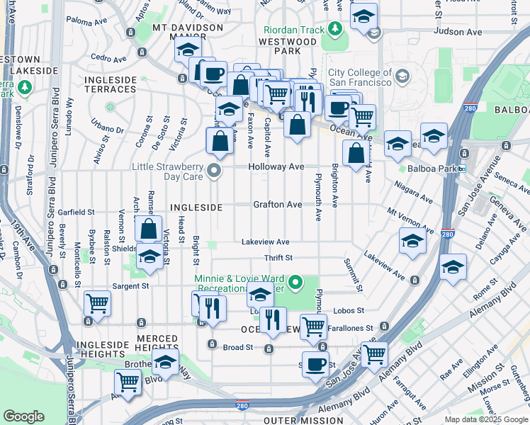 map of restaurants, bars, coffee shops, grocery stores, and more near 979 Capitol Avenue in San Francisco