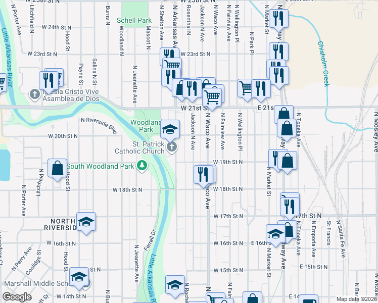 map of restaurants, bars, coffee shops, grocery stores, and more near 528 West 19th Street North in Wichita