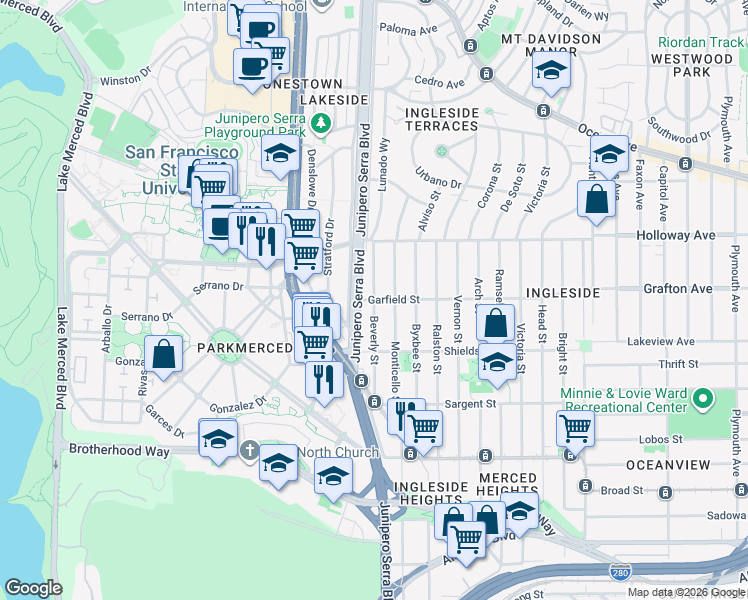 map of restaurants, bars, coffee shops, grocery stores, and more near Garfield Street & Beverly Street in San Francisco