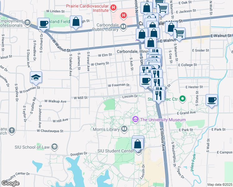 map of restaurants, bars, coffee shops, grocery stores, and more near Lincoln Drive in Carbondale