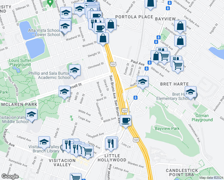 map of restaurants, bars, coffee shops, grocery stores, and more near 3334 San Bruno Avenue in San Francisco