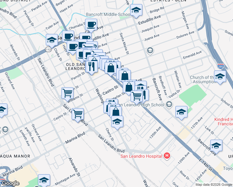 map of restaurants, bars, coffee shops, grocery stores, and more near 70 Harlan Street in San Leandro