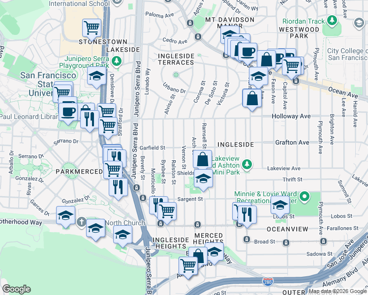 map of restaurants, bars, coffee shops, grocery stores, and more near Garfield St & Vernon St in San Francisco