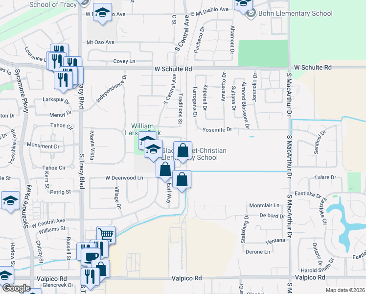 map of restaurants, bars, coffee shops, grocery stores, and more near 1500 Andrew Street in Tracy