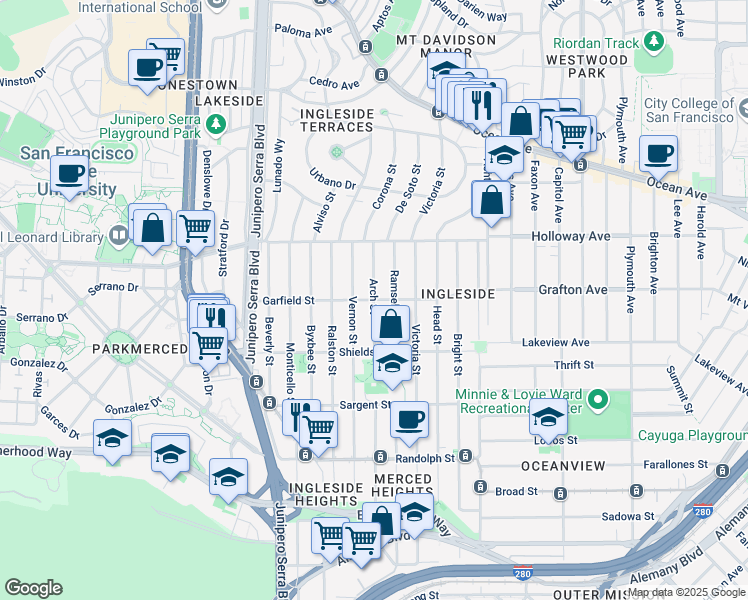 map of restaurants, bars, coffee shops, grocery stores, and more near Garfield St & Arch St in San Francisco