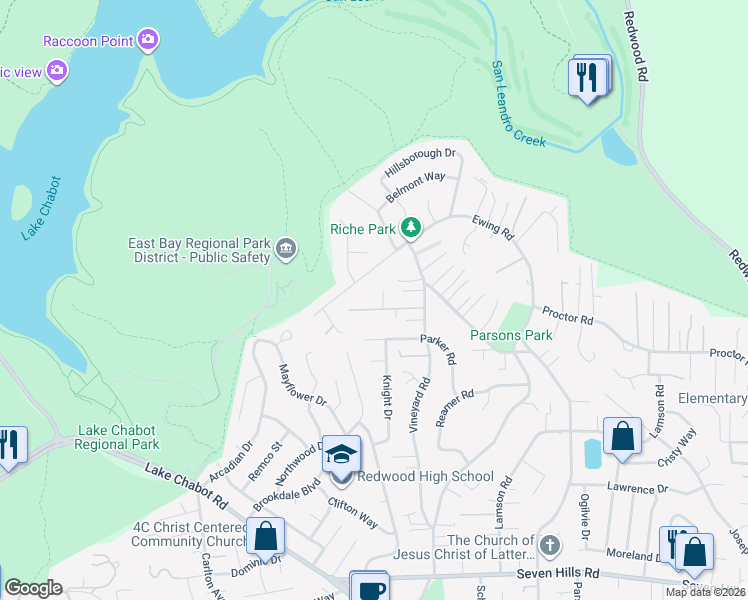 map of restaurants, bars, coffee shops, grocery stores, and more near 4157 Krolop Road in Castro Valley