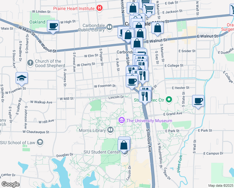 map of restaurants, bars, coffee shops, grocery stores, and more near 403 West Freeman Street in Carbondale