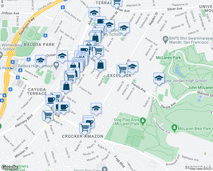 map of restaurants, bars, coffee shops, grocery stores, and more near Edinburgh Street & Russia Avenue in San Francisco
