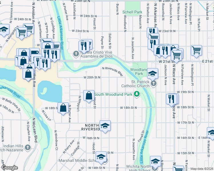 map of restaurants, bars, coffee shops, grocery stores, and more near 2002 North Salina Avenue in Wichita