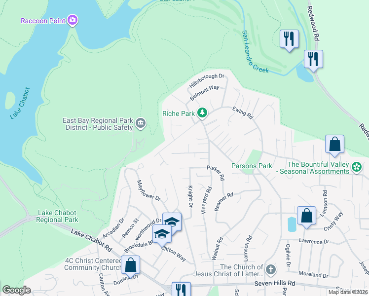 map of restaurants, bars, coffee shops, grocery stores, and more near 4157 Krolop Road in Castro Valley