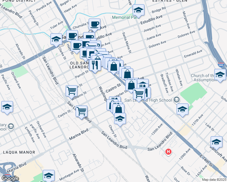 map of restaurants, bars, coffee shops, grocery stores, and more near 120 Harlan Street in San Leandro
