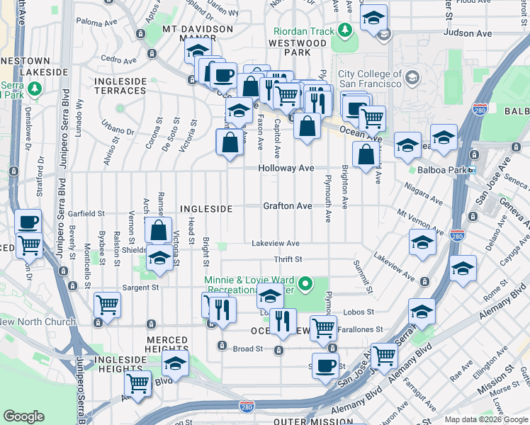 map of restaurants, bars, coffee shops, grocery stores, and more near 242 Faxon Avenue in San Francisco