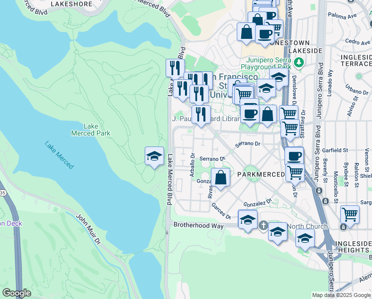 map of restaurants, bars, coffee shops, grocery stores, and more near 14 Higuera Avenue in San Francisco