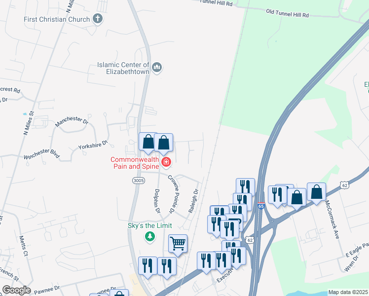 map of restaurants, bars, coffee shops, grocery stores, and more near 103 Plum Creek Court in Elizabethtown