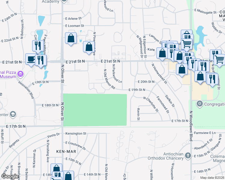 map of restaurants, bars, coffee shops, grocery stores, and more near 2017 North Old Manor Road in Wichita