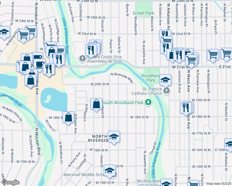 map of restaurants, bars, coffee shops, grocery stores, and more near 2002 North Salina Avenue in Wichita