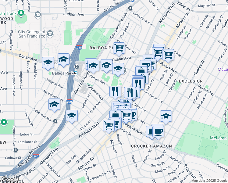 map of restaurants, bars, coffee shops, grocery stores, and more near Cayuga Avenue in San Francisco