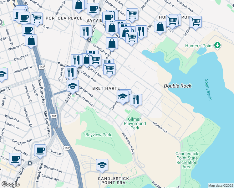 map of restaurants, bars, coffee shops, grocery stores, and more near 1122 Gilman Avenue in San Francisco