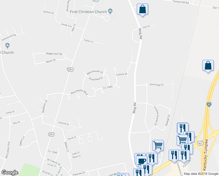 map of restaurants, bars, coffee shops, grocery stores, and more near 1509 Cs-1600 in Elizabethtown
