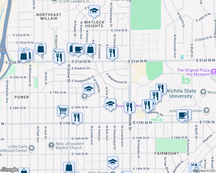 map of restaurants, bars, coffee shops, grocery stores, and more near 2929 East Maplewood Street in Wichita