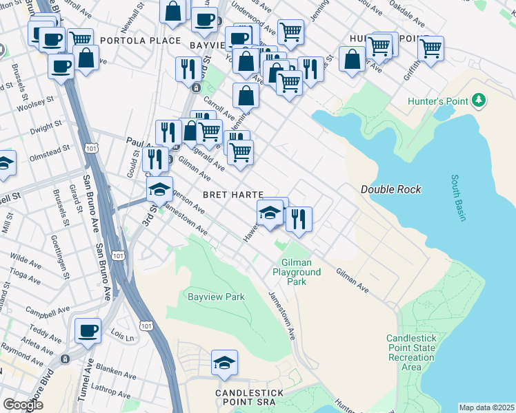 map of restaurants, bars, coffee shops, grocery stores, and more near 1122 Gilman Avenue in San Francisco