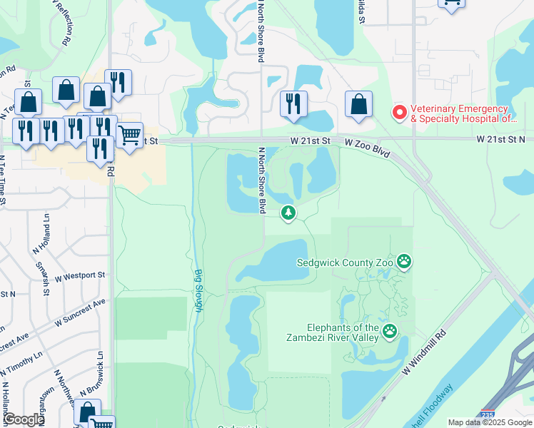 map of restaurants, bars, coffee shops, grocery stores, and more near 6501 Horseshoe Lake Drive in Wichita