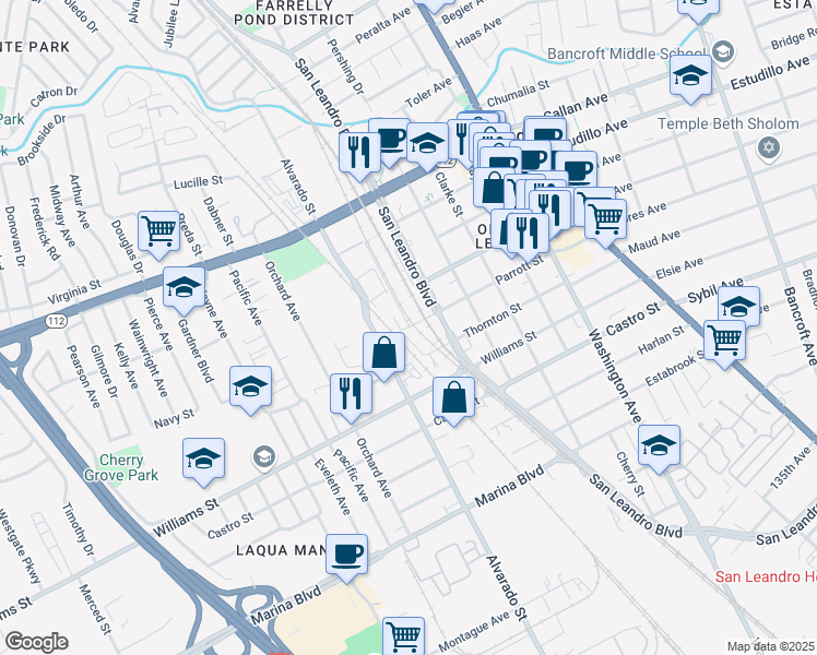map of restaurants, bars, coffee shops, grocery stores, and more near Martinez Street in San Leandro