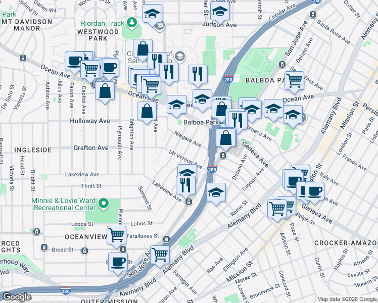 map of restaurants, bars, coffee shops, grocery stores, and more near 225 Howth Street in San Francisco