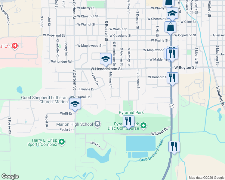 map of restaurants, bars, coffee shops, grocery stores, and more near 1101-1161 Midway Court in Marion