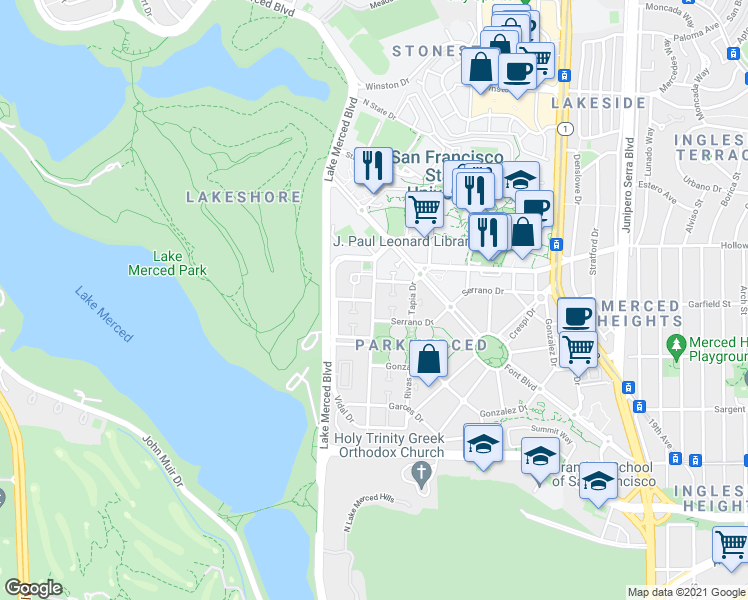 map of restaurants, bars, coffee shops, grocery stores, and more near Arballo Dr & Acevedo Ave in San Francisco