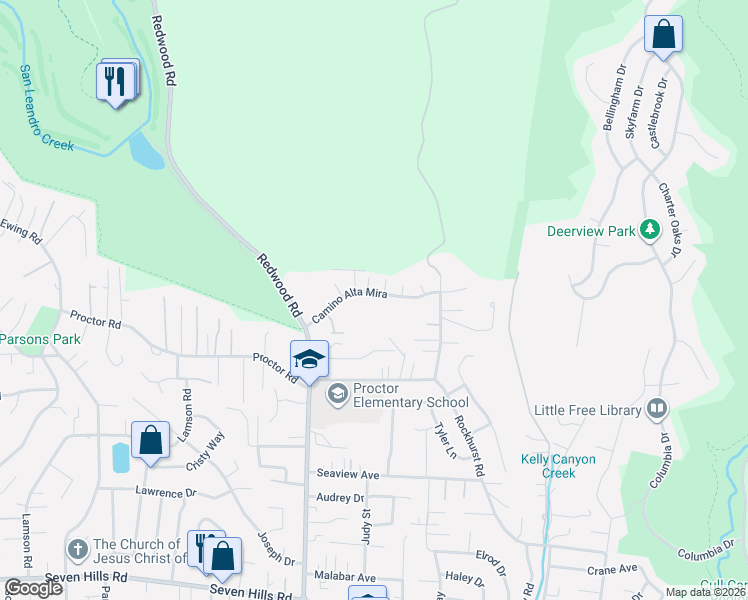 map of restaurants, bars, coffee shops, grocery stores, and more near 5128 Camino Alta Mira in Castro Valley