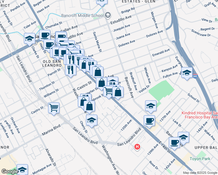 map of restaurants, bars, coffee shops, grocery stores, and more near 357 Sybil Avenue in San Leandro