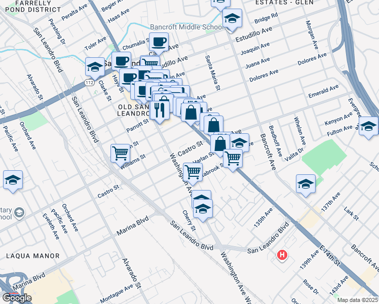 map of restaurants, bars, coffee shops, grocery stores, and more near 60 Castro Street in San Leandro