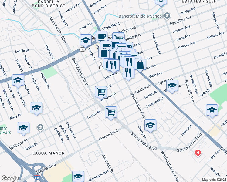 map of restaurants, bars, coffee shops, grocery stores, and more near 343 Thornton Street in San Leandro