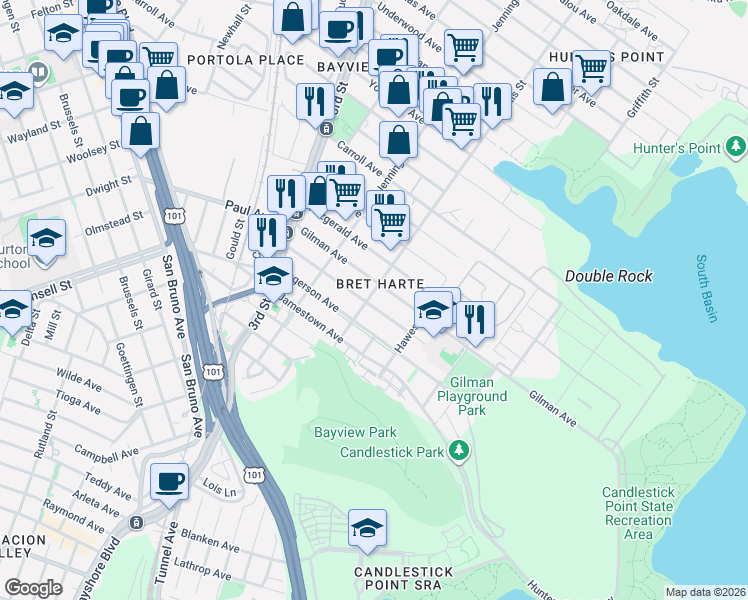 map of restaurants, bars, coffee shops, grocery stores, and more near 1225 Gilman Avenue in San Francisco