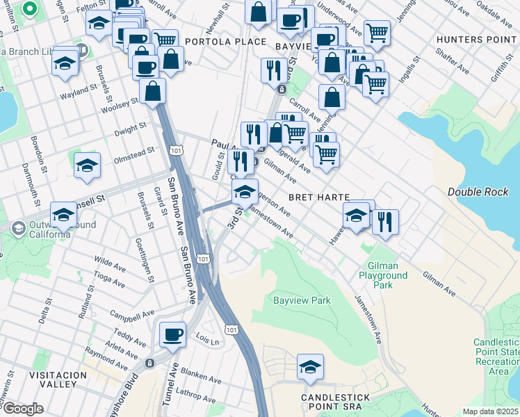map of restaurants, bars, coffee shops, grocery stores, and more near 1151 Ingerson Avenue in San Francisco