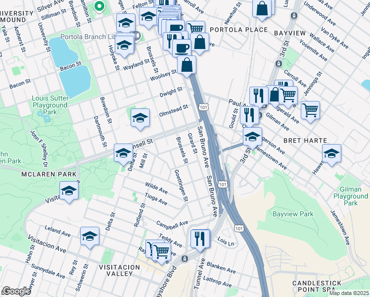 map of restaurants, bars, coffee shops, grocery stores, and more near 948 Brussels Street in San Francisco