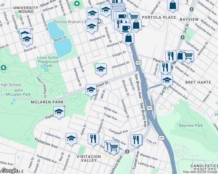 map of restaurants, bars, coffee shops, grocery stores, and more near 345 Mansell Street in San Francisco