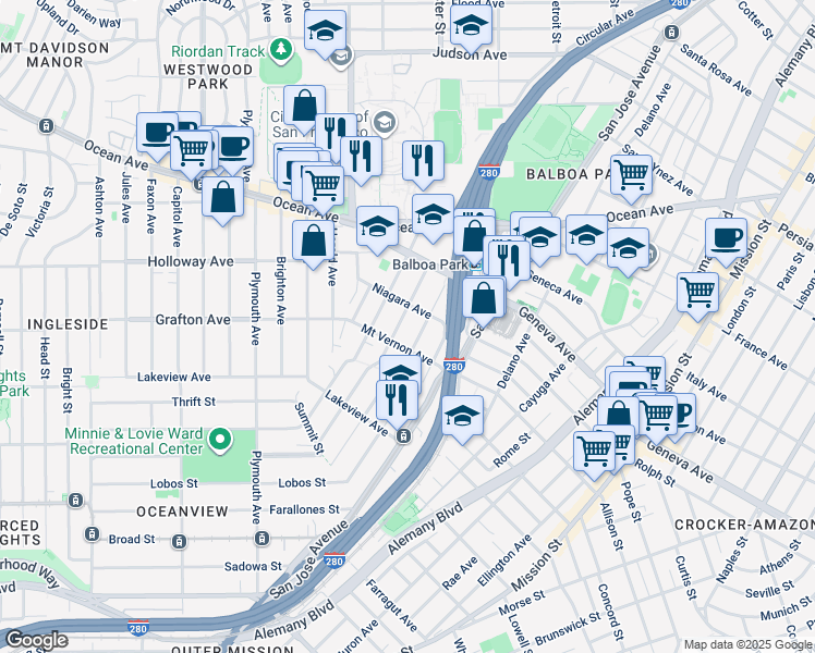 map of restaurants, bars, coffee shops, grocery stores, and more near 614 Niagara Avenue in San Francisco