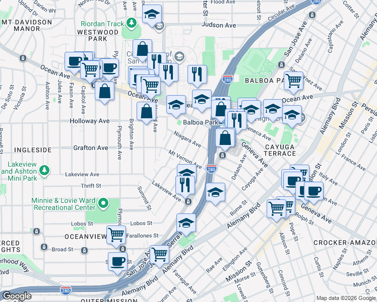 map of restaurants, bars, coffee shops, grocery stores, and more near 225 Howth Street in San Francisco