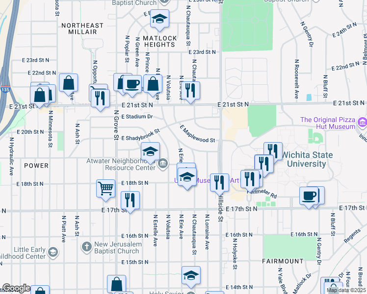 map of restaurants, bars, coffee shops, grocery stores, and more near 2929 East Maplewood Street in Wichita
