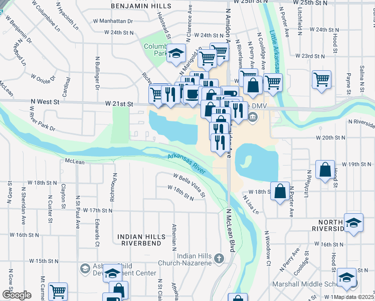 map of restaurants, bars, coffee shops, grocery stores, and more near 1985 North Amidon Avenue in Wichita