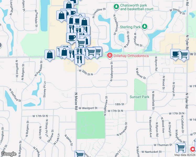map of restaurants, bars, coffee shops, grocery stores, and more near 10102 West 20th Street North in Wichita
