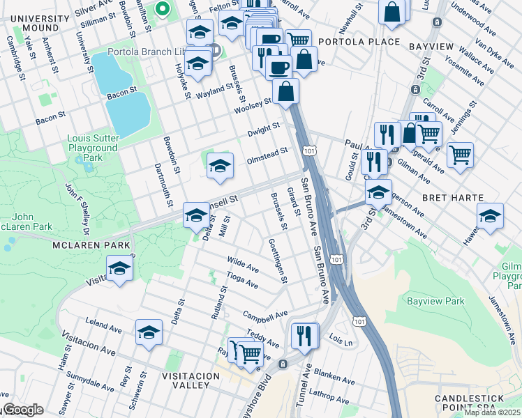 map of restaurants, bars, coffee shops, grocery stores, and more near 948 Brussels Street in San Francisco