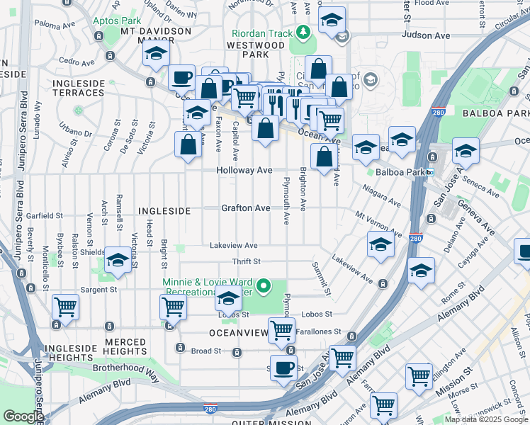 map of restaurants, bars, coffee shops, grocery stores, and more near 118 Granada Avenue in San Francisco