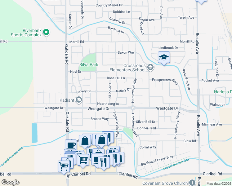 map of restaurants, bars, coffee shops, grocery stores, and more near 5606 Squire Wells Way in Riverbank